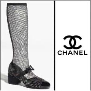 Chanel Resille Knee High Mary Jane’s Black Crystal